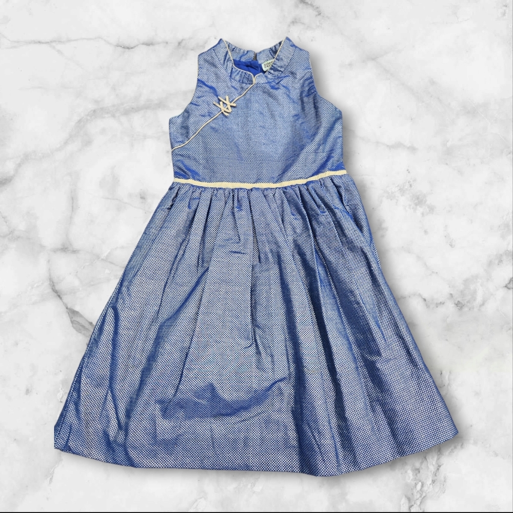 Nordstrom Sophie Catalou Shiny Blue Dress with Yellow Ribbon and Buttons